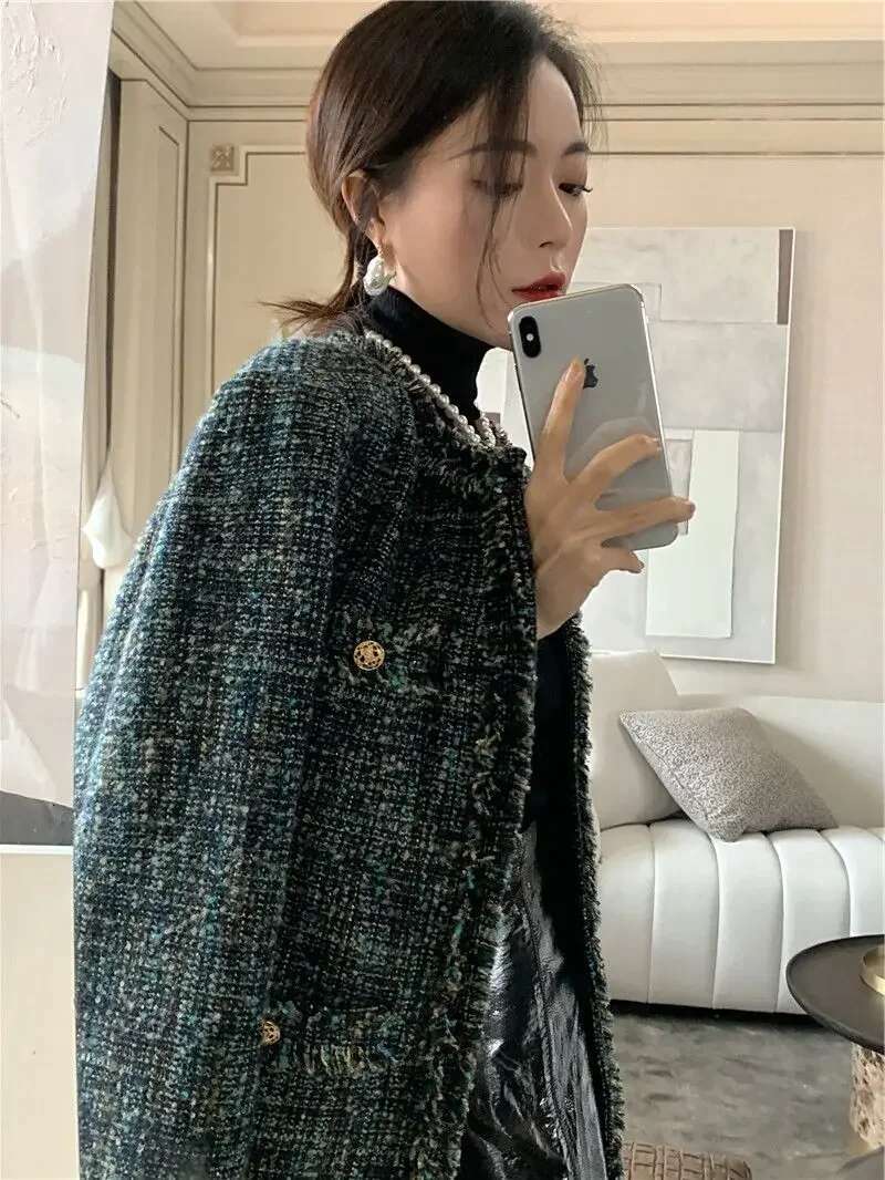 New Autumn Winter Loose Retro Tweed Jackets Women Elegant Green Plaid Blazers Female Korean Fashion O-Neck Outcoat Z13