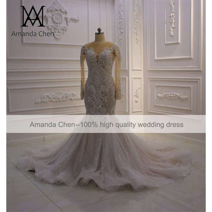 Amanda Novias Lace Appliques Glitter Champagne Wedding Dress Mermaid