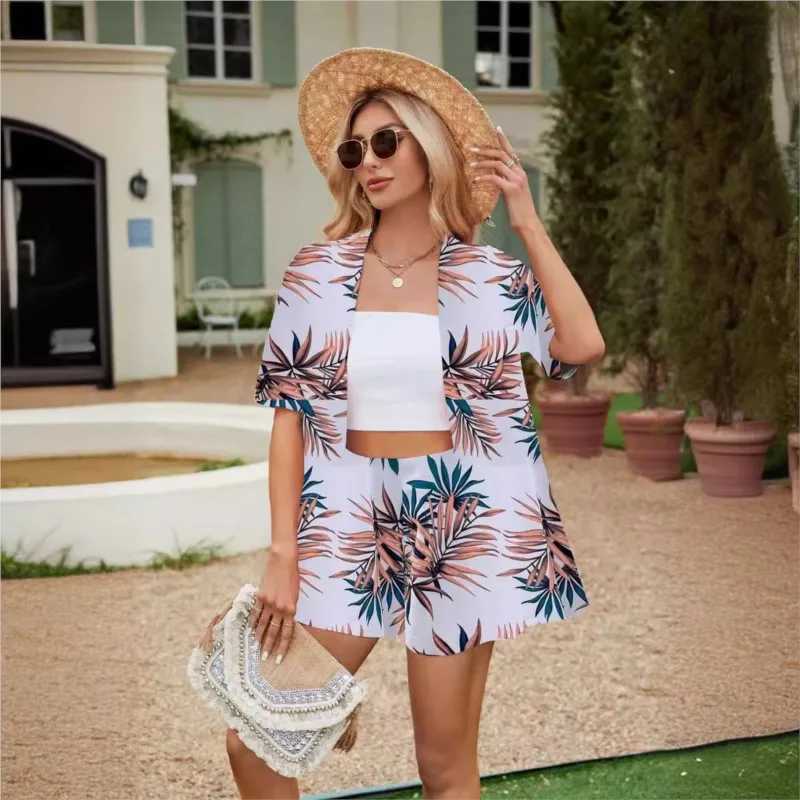 Fashion Vacation Set 2024 Womens New Floral Print Short Sved Cardigan Shirt Top Elastic Waist Shorts Two Piece Set OutfitsXJ250106