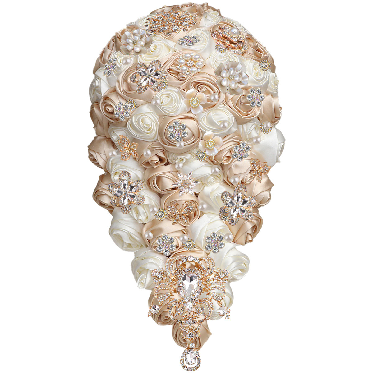 Wedding Flowers Bridal Bouquet Waterfall water drop hand bouquet gold diamond ribbon rose wedding supplies