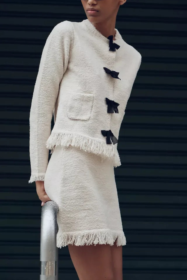 Womens 2024 Autumn Winter Two Pieces Set Bow O-neck Long Sleeve Coats And Knit Mini Skirt High Waist Lady Matching Sets 241225