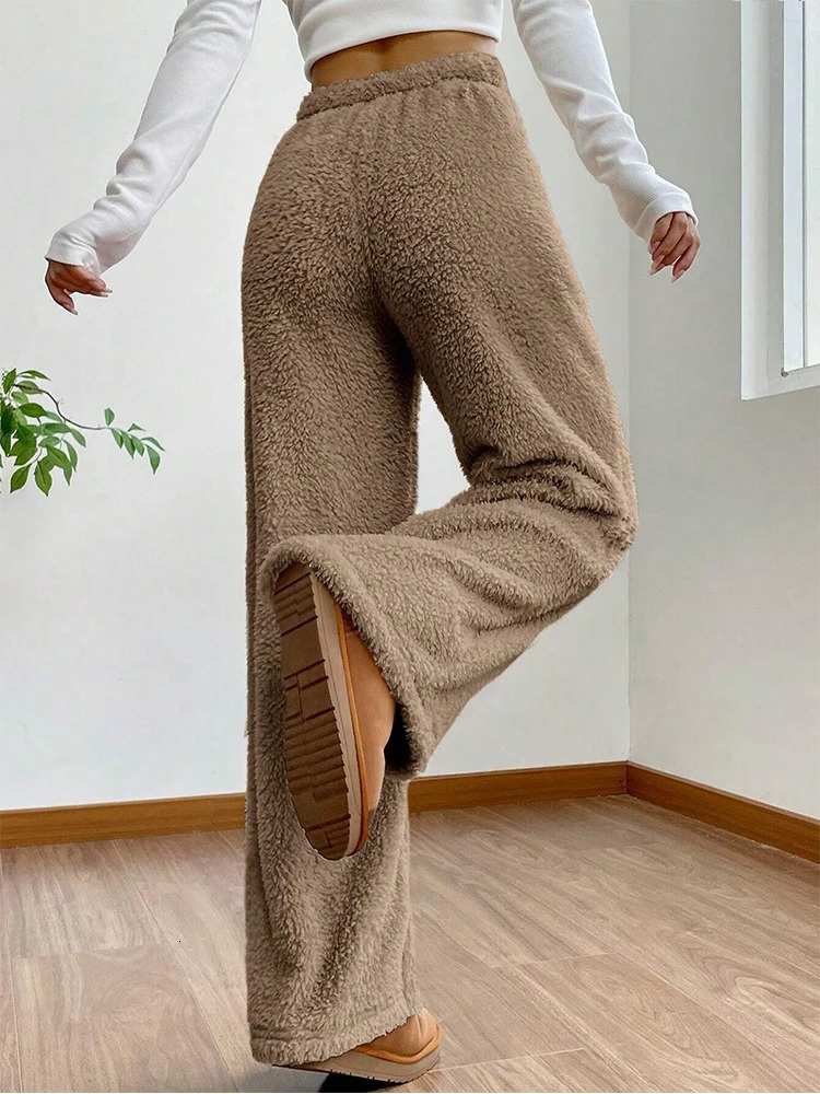Autumn Winter Solid Women Plush Warm Fleece Wool Pants Casual Loose Drawstring Women High Waist Comfortable Material Sweatpants 250106