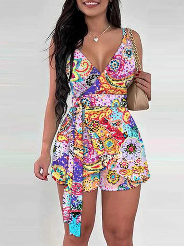 2024 Spring Summer Fashion Floral Slim Casual Two Piece Sets Ele Women Sexy V-neck Sveless Wrap Lace Up Top Shorts SetXJ250106