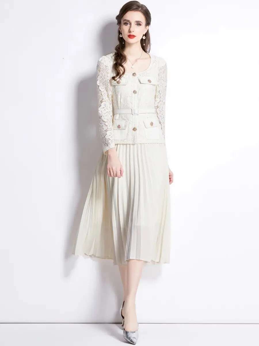 2025New Fashion Crochet Lace Patchwork Chiffon Pleated Dress Women Long Sleeve Golden Buttons Sashes Hollow Out Robe Vestidos