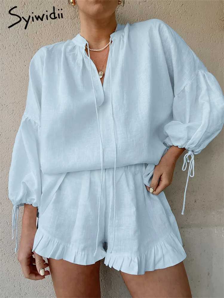 2 Piece Sets Womens Outfits Fashion Summer Cotton Linen Loose Ruffle Shorts Suits Long Sve Drstring Pullover Beach SuitsXJ250106