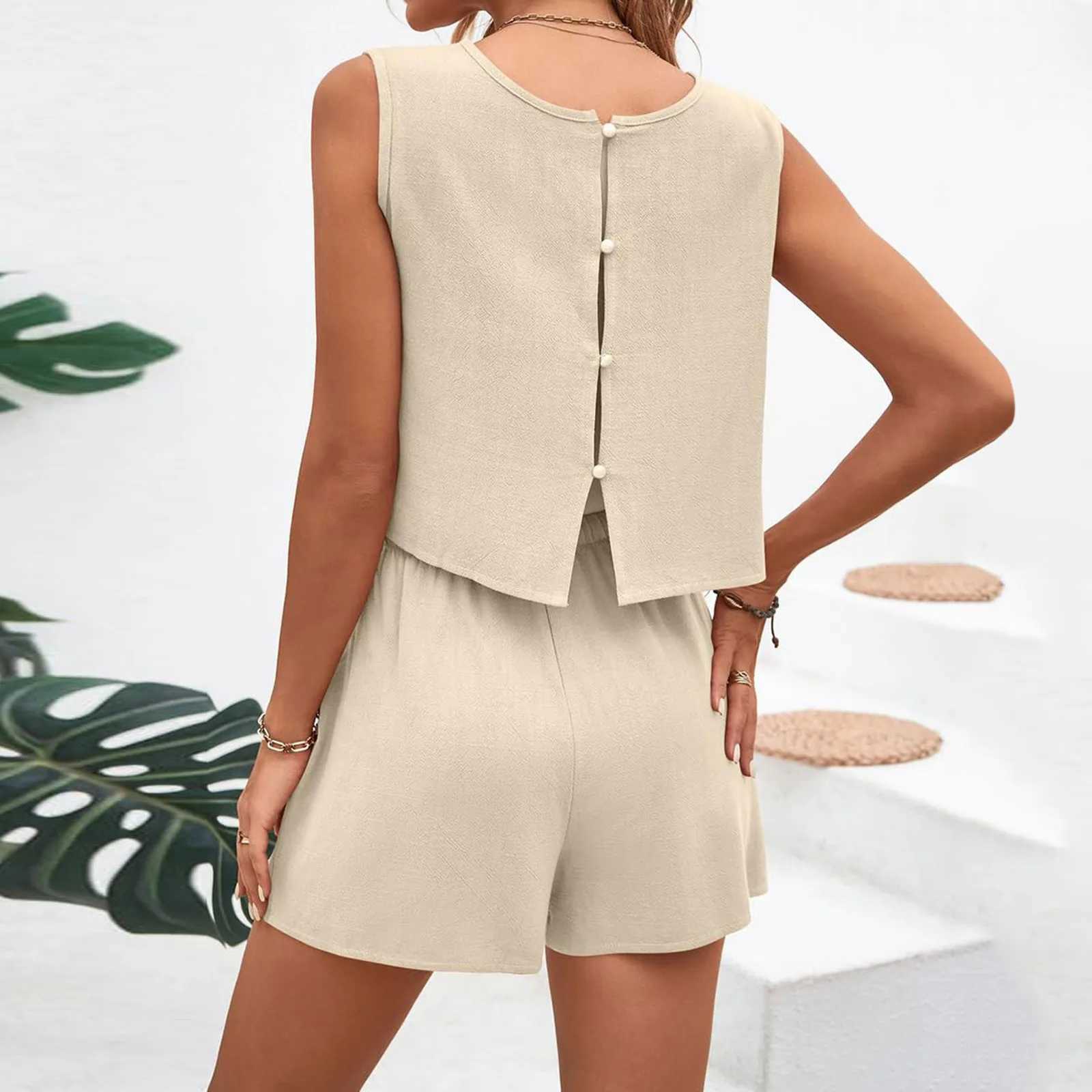 Women Summer Clothing Sets Sveless Vest+Shorts 2Pcs Suit Cotton Linen Ladies Fashion Streetwear Fe Casual Loose OutfitsXJ250106