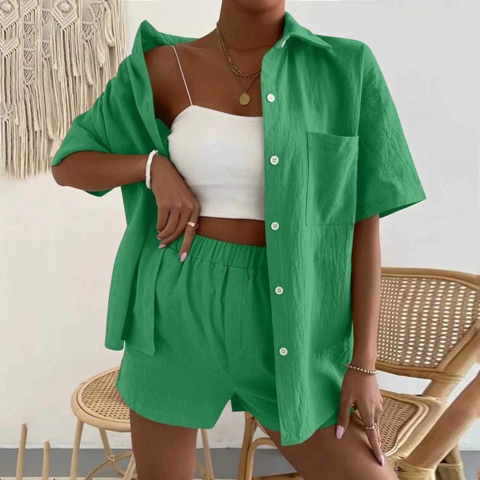 Vacation Fashion Women Suit Casual Solid Shorts And Shirt Top Two Piece Sets Lapel Shirt Temperament Comting Sexy Slim SuitsXJ250106