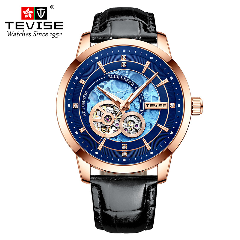 TEVISE New Style Business Fashion Mens Automatic Mechanical Watch with Leather Strap Wristwatch T031-T876C
