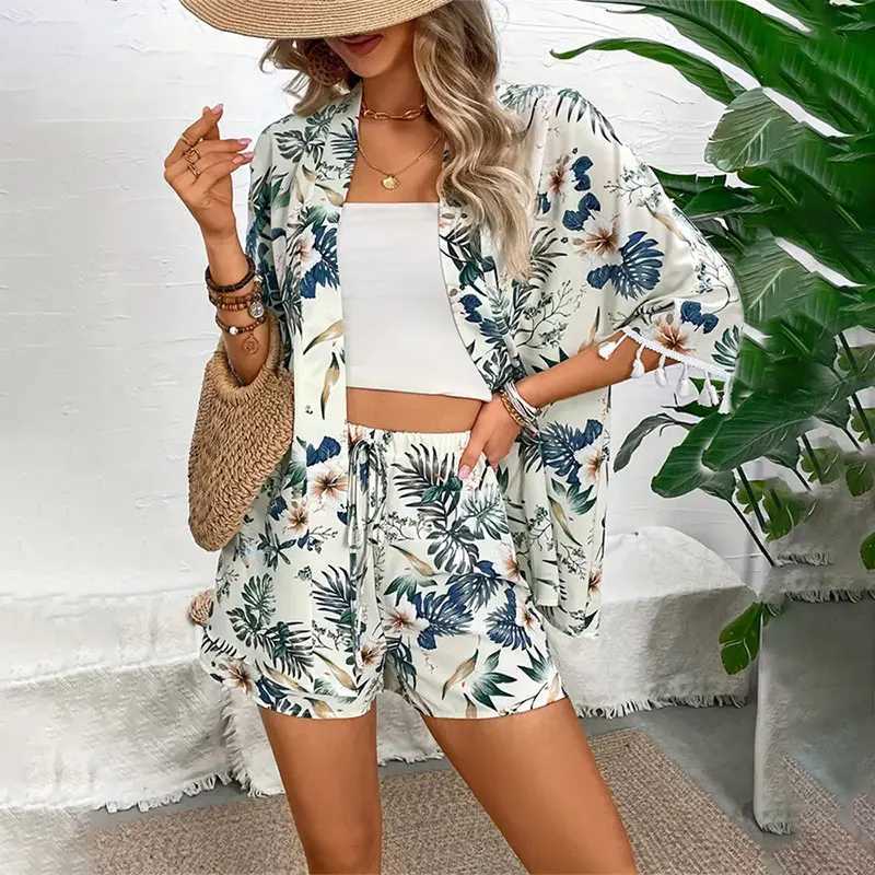 Two Piece Set For Women Outfits Open-front Cardigan Smock Flower Printed Beach Shorts Summer Suits Fe Clothing BeachwearXJ250106