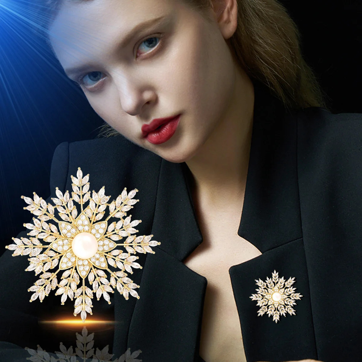 Womens Light n Elegant Inlaid Zircon Pearl Snowflake Brooch Fashionable Versatile Niche n Brooch 241230