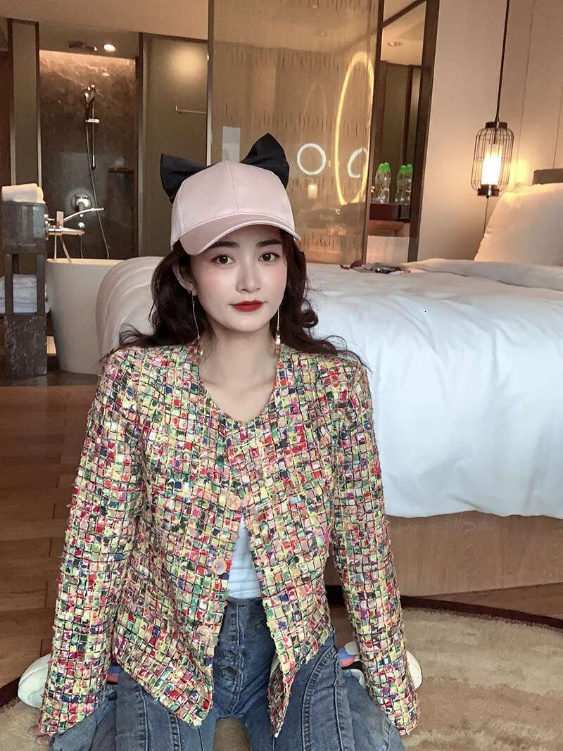 Fashion Temperament Color Plaid Weave Tweed Jacket 2024 Autumn Winter Women New Elegant Woolen Office Ladies Coat