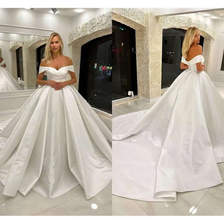 Elegant Modern Plus Size A E Wedding Dresses For Bride Off Shoulder Satin Pleats Draped Backless Court Train Bridal Gowns Custom 0616 0906