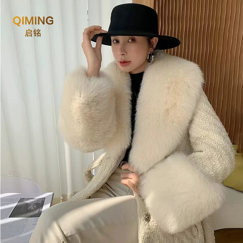 Winter Faux Fur Collar Cuffs Set Women Fluffy Large Shawl Coat Accessories Warm Fashion Fake Fox Fur Scarf Furry Scarves Female 250106