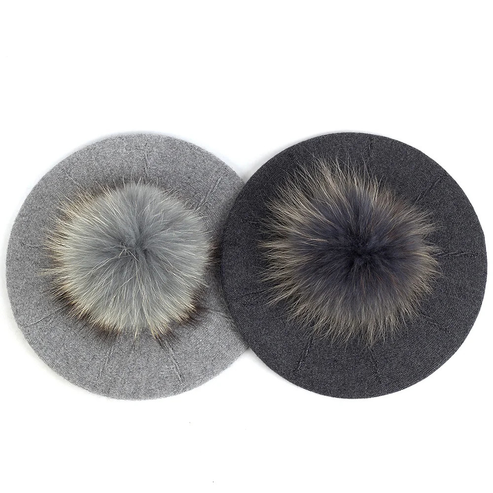 Fashion Elegant Sweet Women Beret Warm Winter Autumn Hat Lovely Ladies Party Hats Cap with 15 cm Real Fur Pompom Female Gift 250106