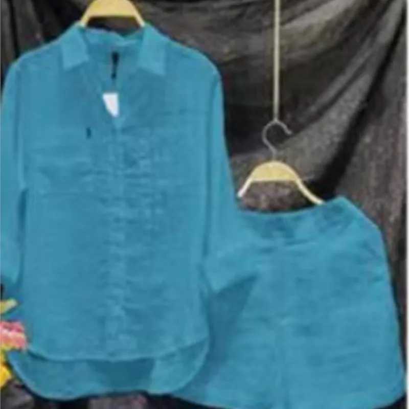 Casual Cotton And Linen Women Shirt Short Two Piece Sets Solid Color Loose Short Sve Top Shorts Fashion Suit Tracksuit SummerXJ250106