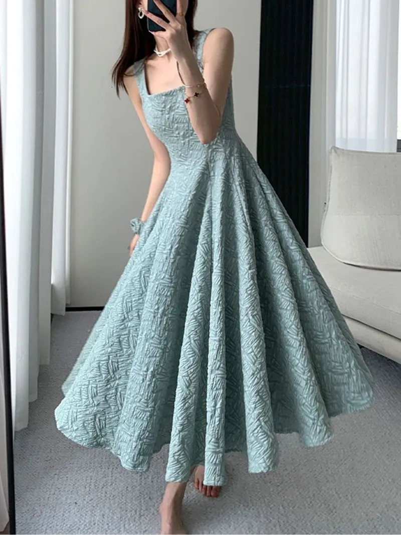 Women Solid Color Square Collar Draped A-line Slip Dresses Green Elegant Korean Style Slim Sundress Vintage Summer Y2k Dress 250107