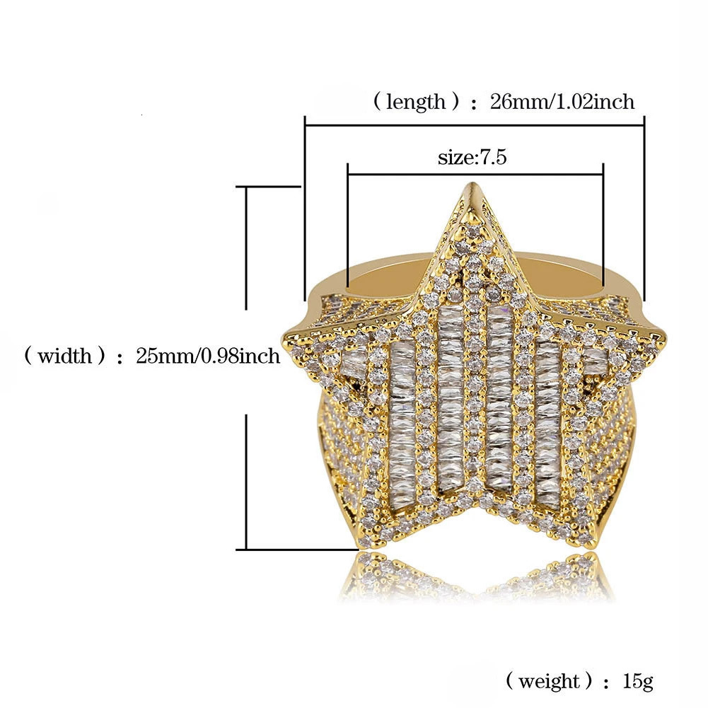 Full Zircon Pentagram Ring Iced Out Cubic Zirconia Gold Color hip-hop mens Trendy Bling Rings Rap Jewelry Gifts 250107
