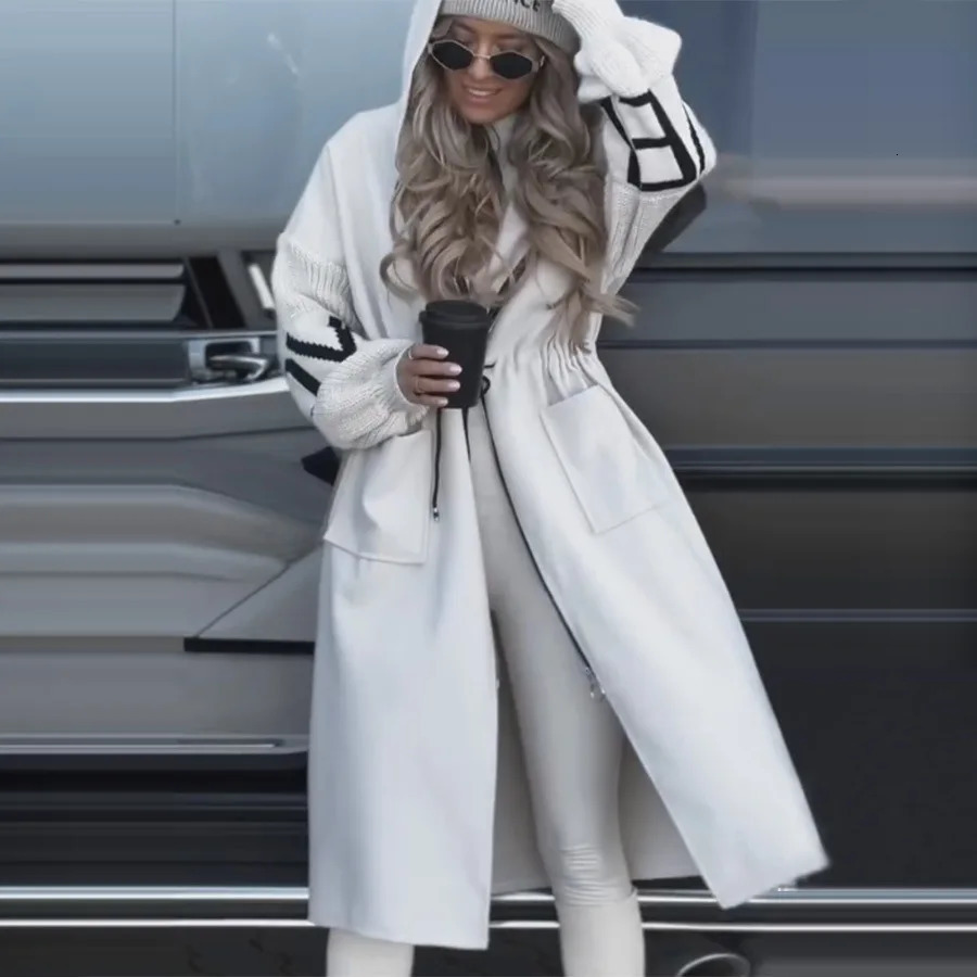 Leisure long patch long coat womens casual hoodie lace pocket womens jacket autumn and winter womens trench coat 250107