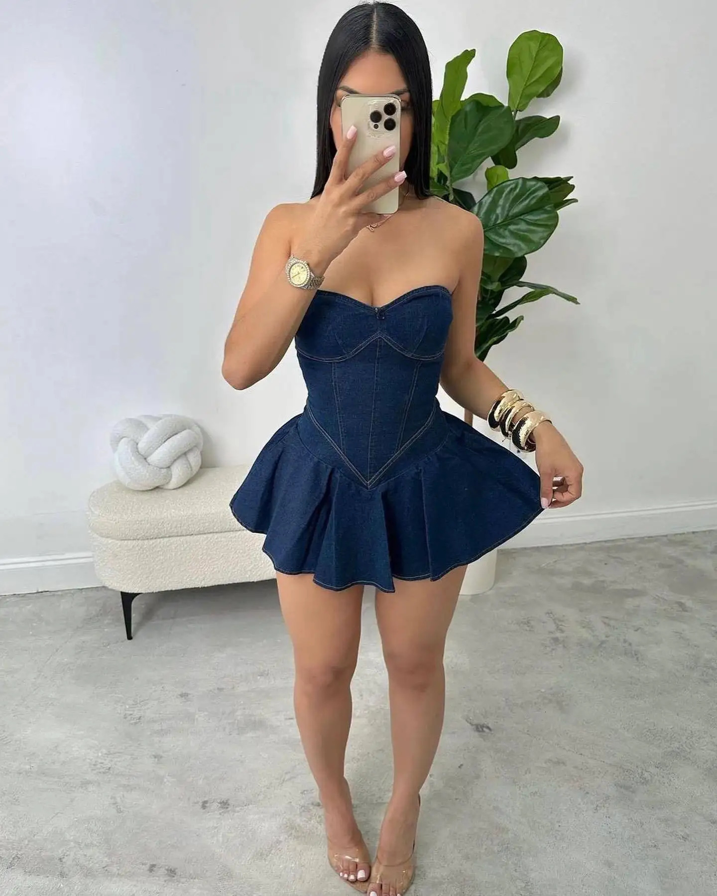 Lovely Lady Denim Club Dress Sexy Women Strapless Elegant Blue Jeans Skater Party Dress 250107