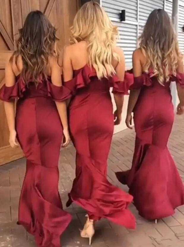 Vintage Burgundy Spaghetti Mermaid Bridesmaid Dresses Off Shoulder Hi-Lo Formal Prom Evening Gown Long Miad Of Honor Dresses 0108