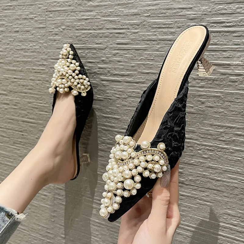2024 Fashion Pointed Toe Pearl Slippers Pumps Office Dress Elegance Summer Slingback High-heeled Shoes for Women 250107