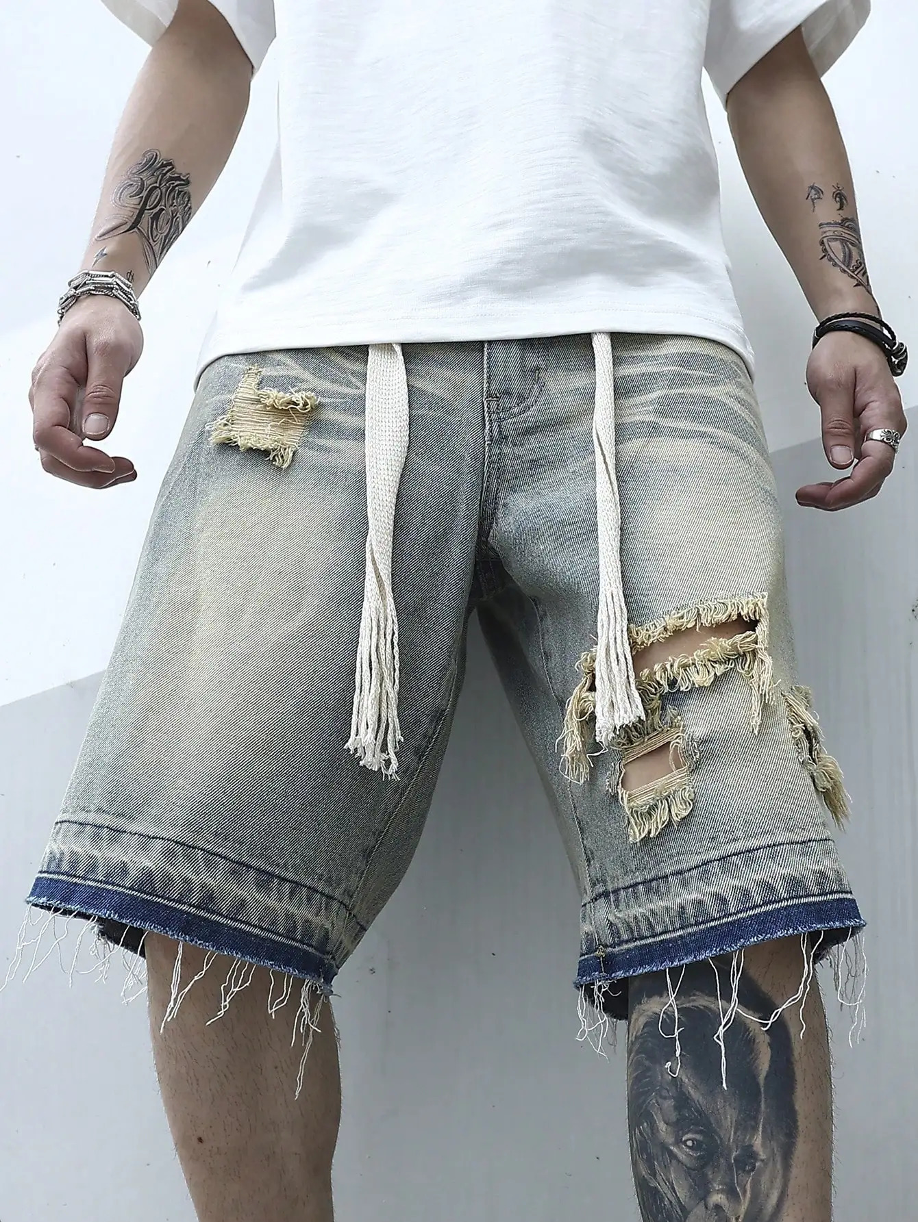 Men Summer Stretchy Denim Jeans Shorts For Men Cargo Casual Wide Leg Elastic Waist Ripped Cargo Baggy Shorts Y2k Streetwear Pant 250107