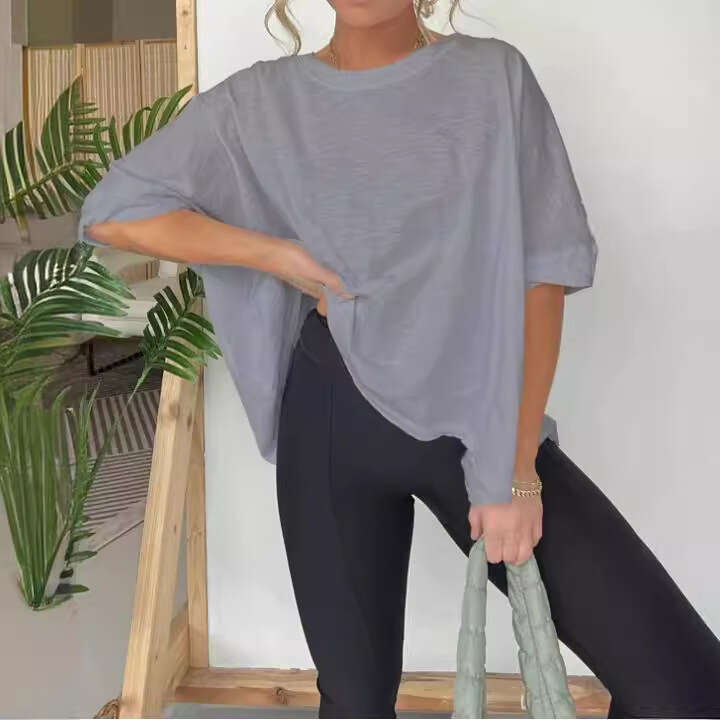 'S Independent Cross-Border Foreign Trade New Summer European And American Women's Clothing Solid Color Loose Round Neck Short Sleeved T-Shi