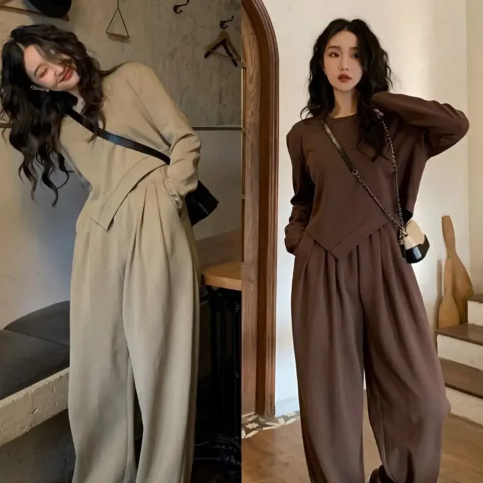 Jogging Suits for Women Retro Hong Kong Style Chic Autumn Winter High Street Casual Sweatshirt Wideleg Pants Twopiece Set 250106