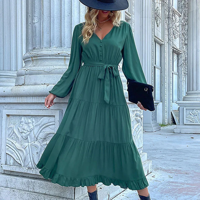 2024 Women Casual Long Sleeve v Neck Fall Dress Bohemian Ruffled Relaxed Fit Solid Maxi Dresses Tiered Cocktail Dress 250107