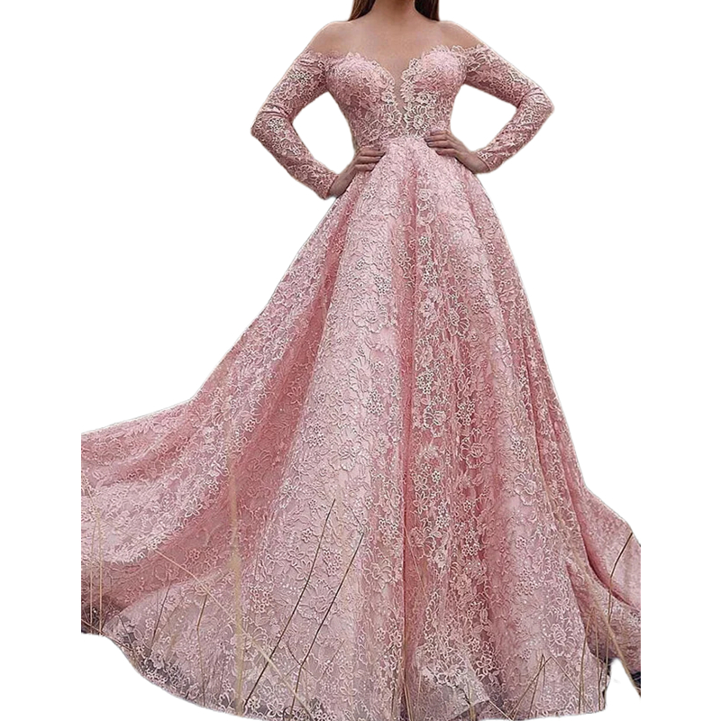 Pink Country Lace Wedding Dresses Illusion Off Shoulder Long Sleeves A-Line Bridal Gowns Boho Beach Bride Dress Custom Made Ivory White Robe De Mariee