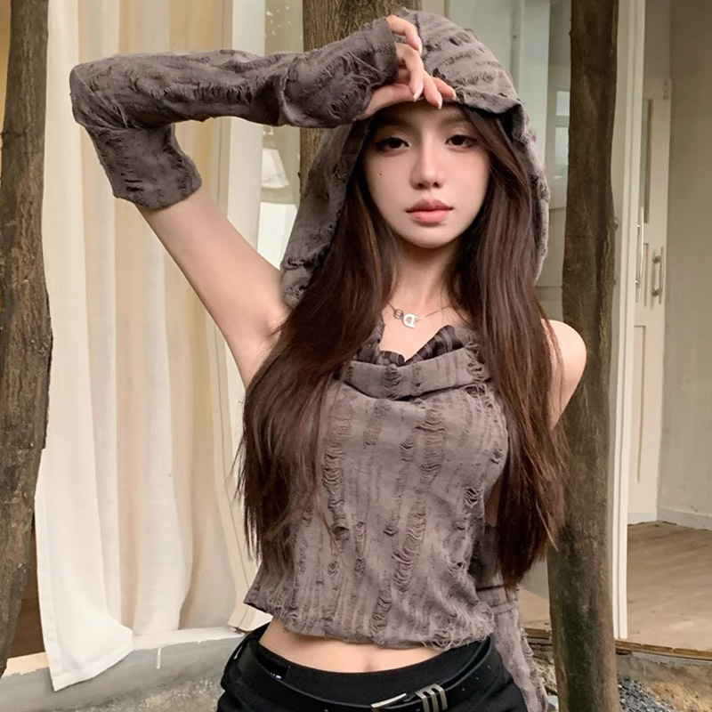 S166 Ripped vest wasteland style short sleeve top women's hooded T-shirt Korean version