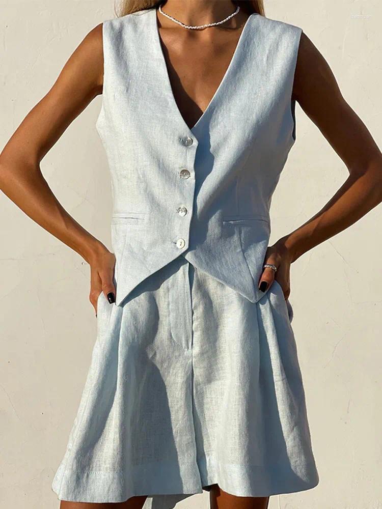 Womens Tracksuits Solid Cotton Linen Shorts 2 Peice Suit Single Breasted Button Sleeveless Vest Pockets Set Women 2025 Street Outfits