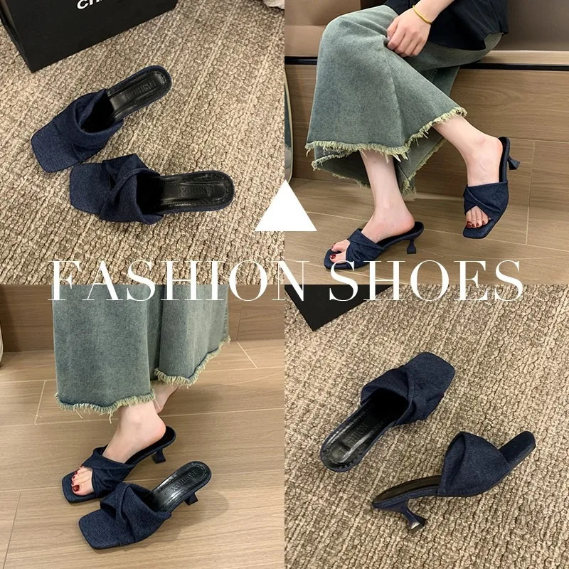 Summer 2024 Womens Slippers Open Toe Denim Thin Heels Outdoor Ladies Slippers Dress Party Shoes Mules Women Shoes D03 250107
