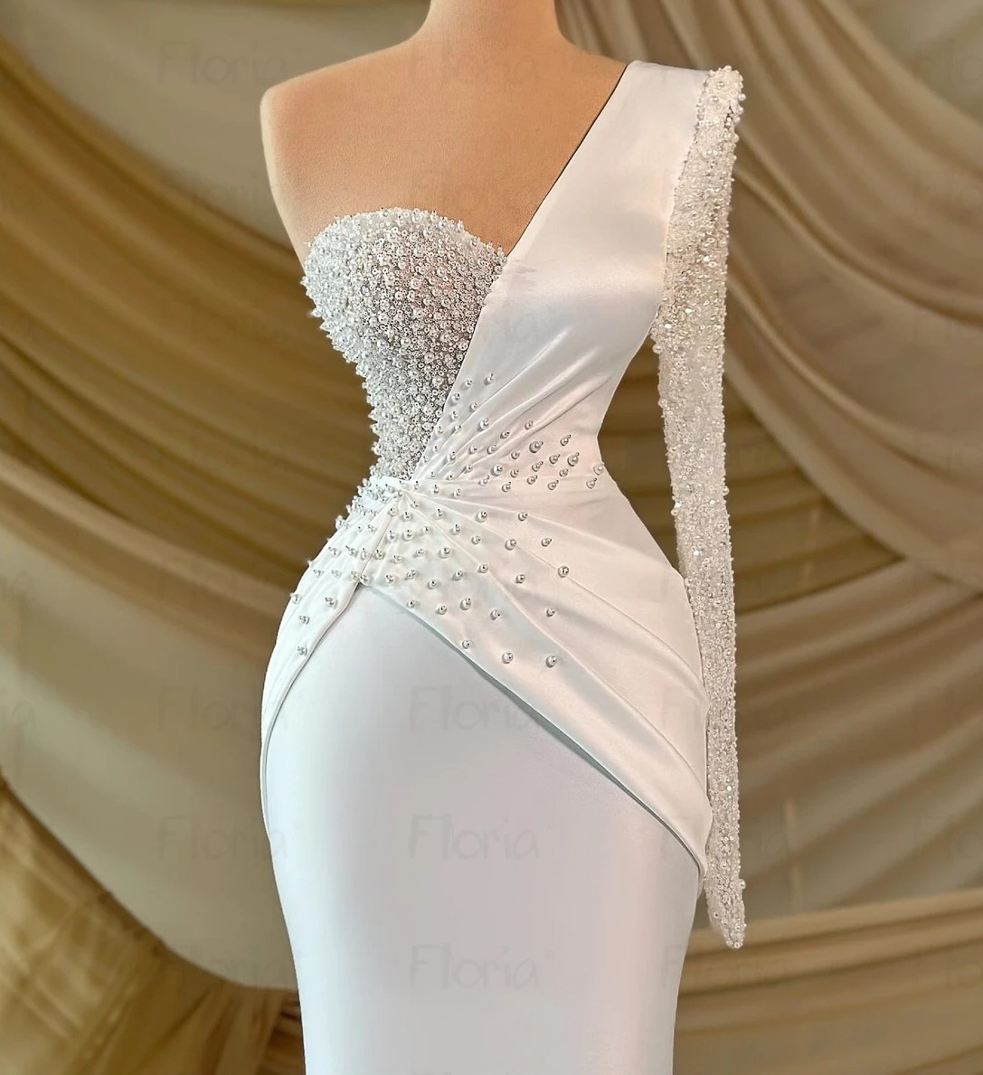 Evening White Engagement Dress One Shoulder Pearls Beads Sheath Satin Prom Formal Party Gowns Celebrity Style Robe De Soiree