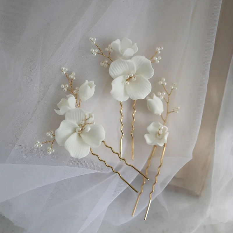 SLBRIDAL Handmade Ins Style Ceramic Flower Pearls Bridal Hair Pin Set Wedding Hair Sticker Hair Accessories Women Hair Jewelry 250107