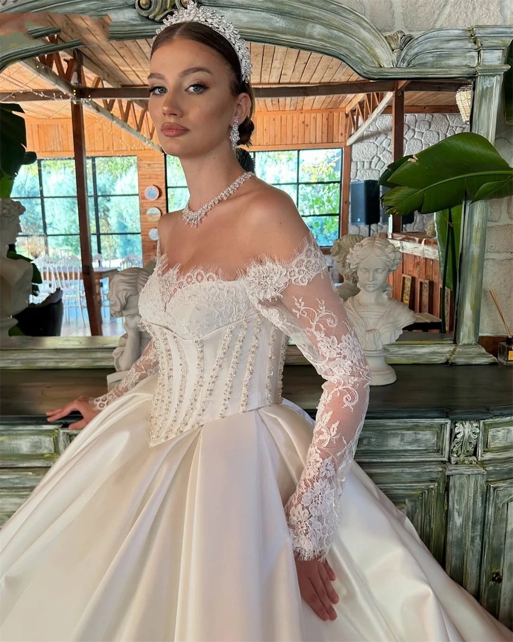 Elegant A-e Bridal Dress with Lace Appliques, Off-Shoulder Long Sleeves, Sweep Train, Customizable, 2024 Wedding Gown