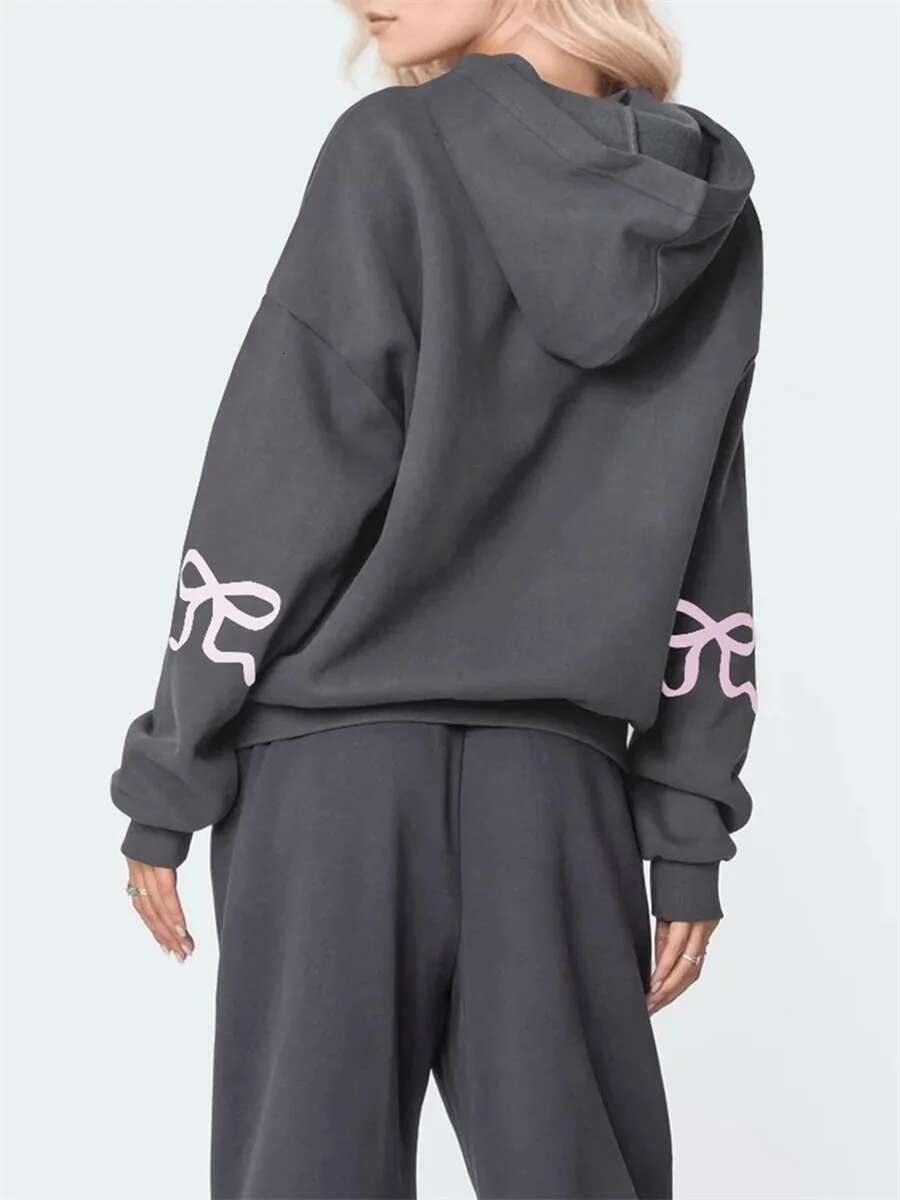 Women Oversized Loose Hoodies Bow Print Long Sleeve Hooded Sweatshirts Ladies Autumn Spring Pullovers Tops Streetwear Aesthetic