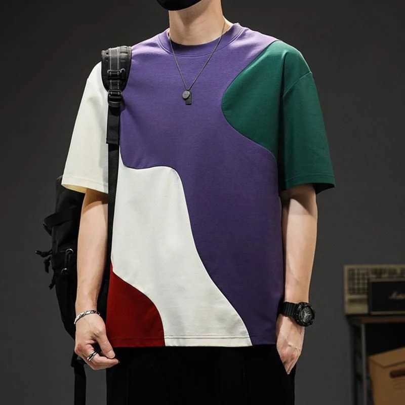 Fashionable O-neck splicing fully matched asymmetrical T-shirt for mens summer new item oversized casual floral Korean T-shirt M250108
