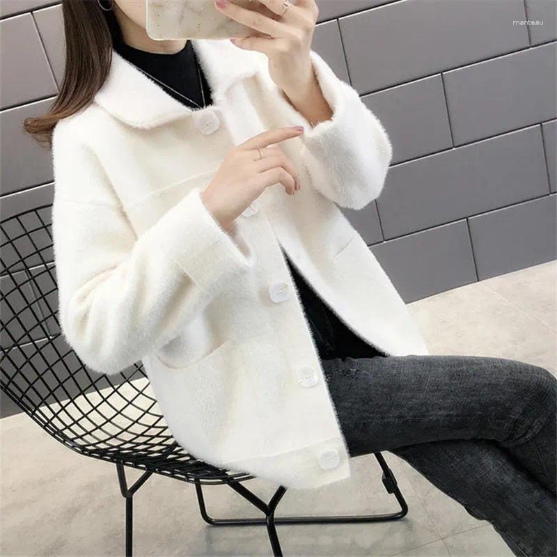 Women's Knits Autumn Winter Thick Faux Mink Cashmere Knitted Sweater Women Short Cardigan Loose Long Sleeve Big Pocket Knit Jacket Coat