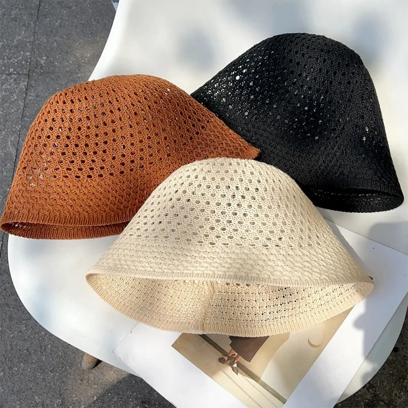Summer Handmade Crochet Floppy Hats Collapsible Dome Bucket Hat Hollow Out Solid Color Beach Caps Simple Soft Women Hat 2024 250107