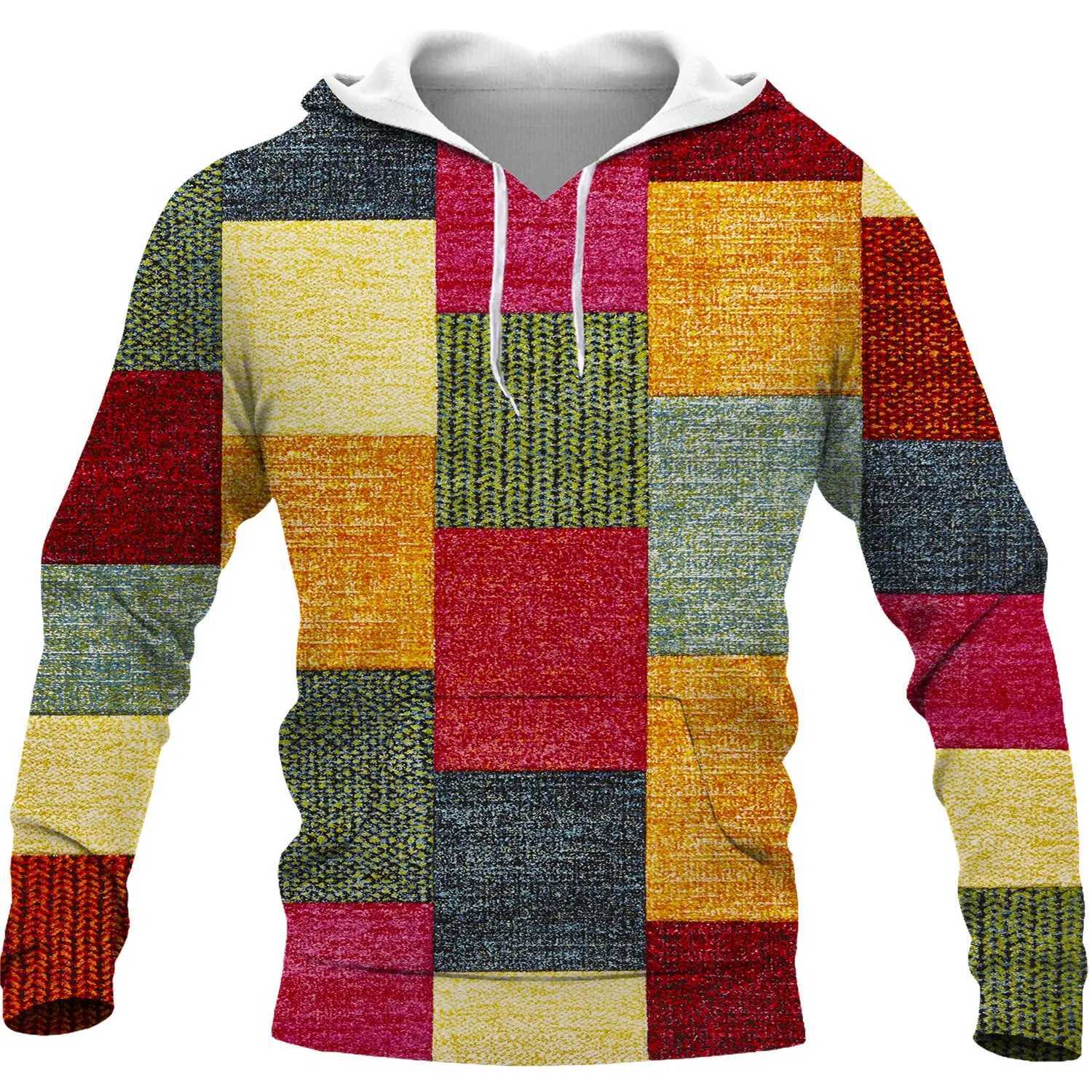 Color block patch work 3D printing hooded sweatshirt mens retro fashion oversized sportswear hooded sweatshirt string set mens clothing W250108