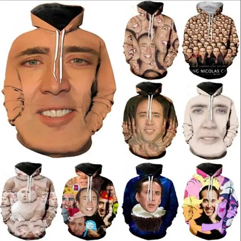 Nicolas Cage Face Hoodie Funny 3D Nicolas Kim Coppola Graphic Hooded Pulleys for Men New in Hoodies Sweatshirts W250108