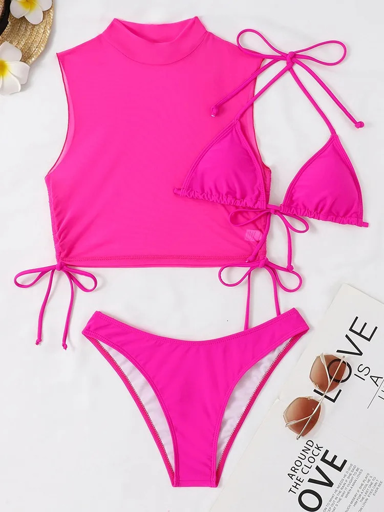 Sexy White Black Lace Mesh Bikini Set Three Pieces Women Swimwear High Neck Bandage Swimsuit Cover Up Bathing Suit High Cut 250106