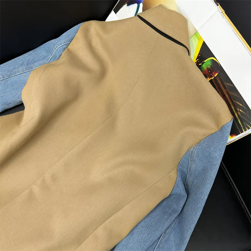 womens trench coat 2024 winter denim contrasting splicing Windbreaker wool blend Double breasted slim fit long women 250103