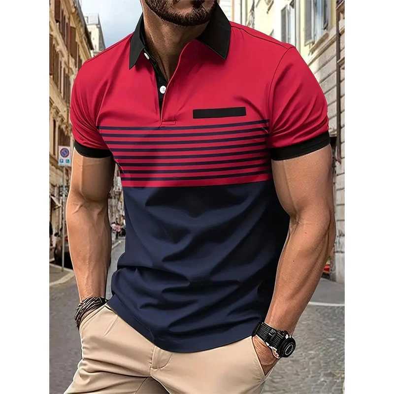 Summer New Casual Fashion Versatile Polo Shirt Mens Lapel Button Color Block Print Patchwork Striped Ventilate Long Sleeved TopXJ250108
