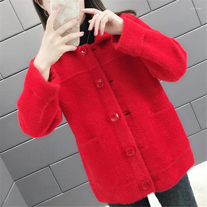Women's Knits Autumn Winter Thick Faux Mink Cashmere Knitted Sweater Women Short Cardigan Loose Long Sleeve Big Pocket Knit Jacket Coat
