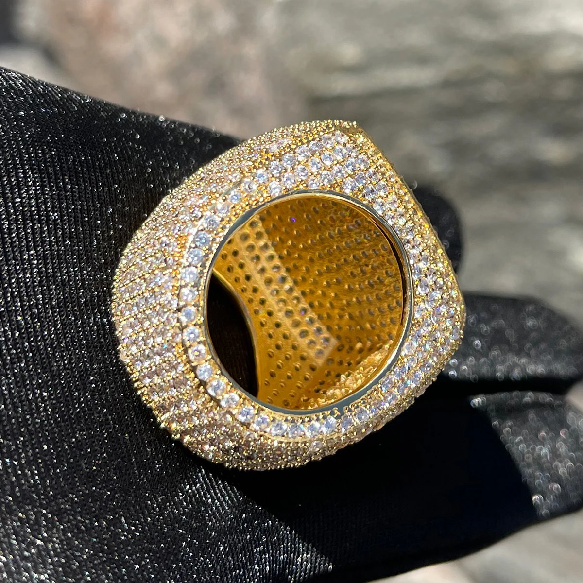Bubble Letter Iced Out Ring for Men Real Gold Plated Prong Setting Copper CZ Stones Hip Hop Fashion Jewelry Trend 250107