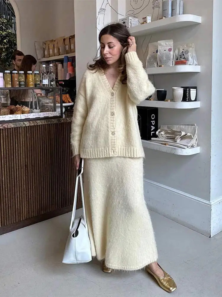 Mohair V-neck Cashmere Cardigan 2 Piece Sets Womens Solid High Waist Loose Skirt Suits 2024 Lady Commute Street Knitwear 241225
