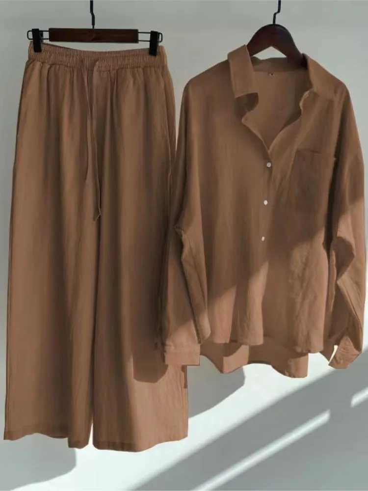 Spring and summer womens two-piece casual long Sve shirt womens set fashion button casual womens wide leg pants 2-piece set W250108