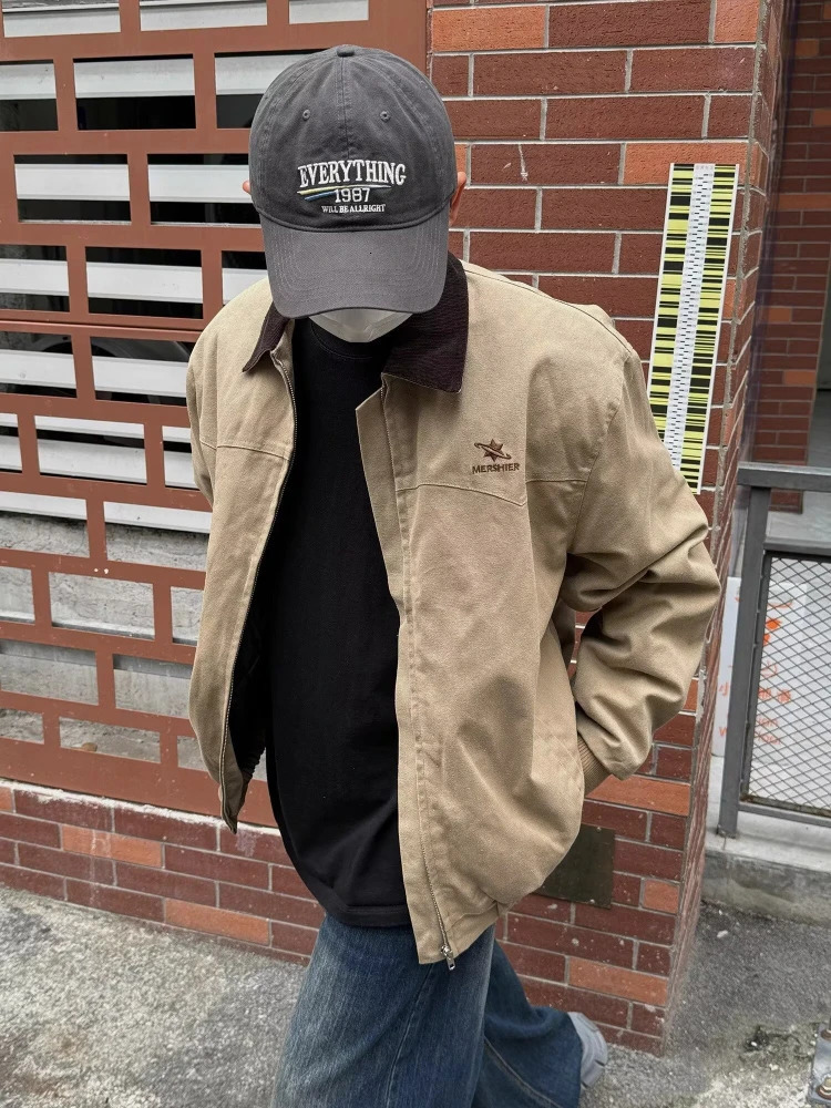Vintage Cargo Jacket Men Women American Casual Loose Baseball Coat Wash Lapel Loose Streetwear Spring Autumn Couple Tops 250107